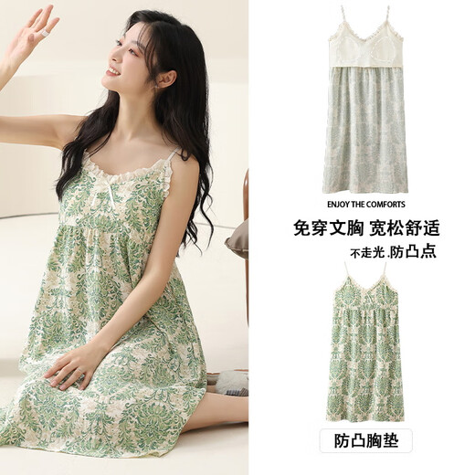 Victoria style suspender nightgown with breast pads for women, sexy summer sleeveless thin sweet and cute pajamas, summer mid-length skirt that can be worn outside V-6624 with breast pads L