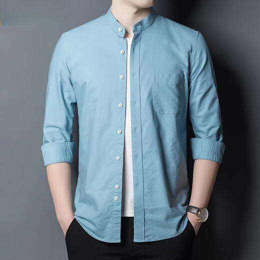 Hengyuanxiang stand-up collar denim shirt men's long-sleeved summer thin neckless round neck spring and autumn top blue ice silk casual shirt 11162 light blue M 170