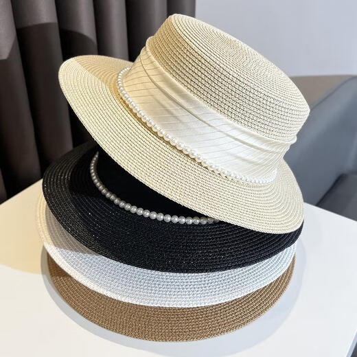 
Jin[Jin equals 0.5 kg] Mufan style flat top straw hat big head circumference summer pearl top hat straw woven beach vacation sun protection sun hat women pearl silk straw hat [bee]