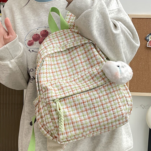 日系ins格子书包女生新款小众可爱背包大学生休闲百搭旅行双肩包 浅黄色 加挂件