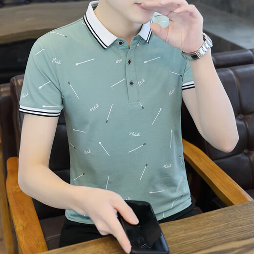 Centro comercial mismo estilo, camiseta de manga corta con solapa estampada de verano para hombres, polo informal de moda de algodón puro para hombres, media manga para hombres, negro QY677 2XL