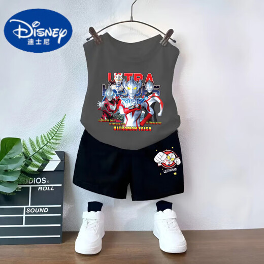 迪士尼（Disney）纯棉男童无袖背心套装夏季新款奥特曼儿童上衣宝宝夏装痞帅两件套 果绿T983+黑色T273小 150 cm 建议身高140-150CM