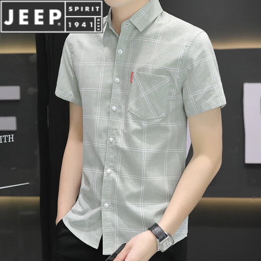 Jeep Spirit2025 New Ice Silk Shirt à manches courtes Men's Men's Summer Pocket Shirt coréen Casual Plaid Top 854 Green XL 120-133Jin [Jin est égal à 0,5 kg]