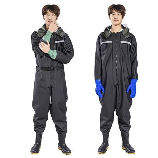 Full body thickened waders, one-piece waders, fully enclosed rain pants with rain boots, fishing waterproof clothing, leather fork digging suit, upgraded + extra thick shoes, full body cuffs thickened in black, one size fits all, shoe size 42/43