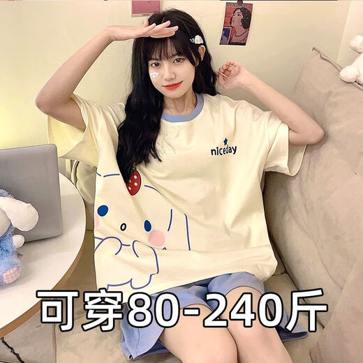 浪莎2025新款夏季短袖睡衣女可爱卡通草莓熊大码胖mm可外穿家居服套装 693黑笑脸 M[建议80-90斤] 均码