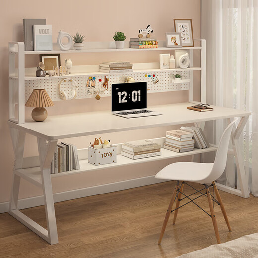 Desktop hole board computer table home desk bookshelf integrated table office desk study table bedroom e-sports table and chair 140CM milk white