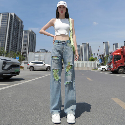 恪信破洞牛仔裤女夏季薄款高腰美拉德高街破洞阔腿牛仔裤女夏季新款刺 复古蓝加长【L9227】 XS