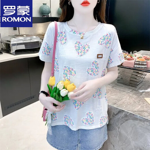 Romon Pure Cotton Love imprimé T-shirt à manches courtes pour les femmes 25 Nouveau été nouveau coréen décontracté cou rond Blanc 5012 # Lettre rose S Convient pour 80-99jin [Jin est égal à 0,5 kg]