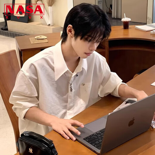 NASA XVVX Japanese teenager outfit white long-sleeved shirt men's trendy high-end college style dk casual shirt underwear top white L