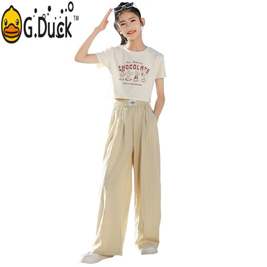 G.DUCKKIDS女童套装夏季儿童衣服2025新款洋气大童运动裤短袖阔腿裤女孩夏装 9889白色15029粉色 170 cm