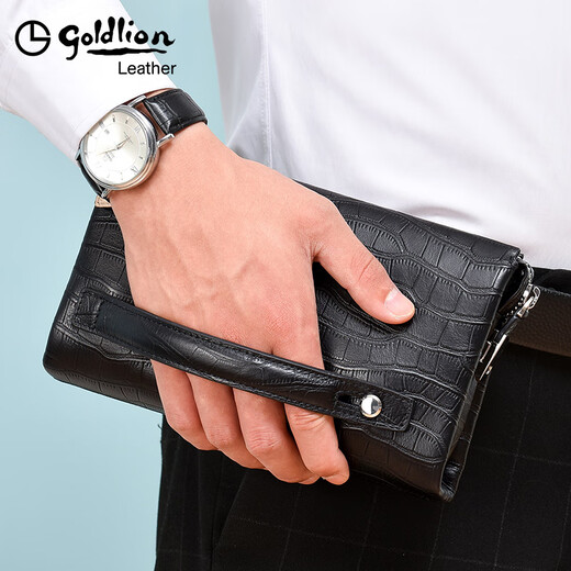 Goldlion men's handbag genuine leather brand 2025 new cowhide crocodile pattern large-capacity clutch men [Black] Official authorization