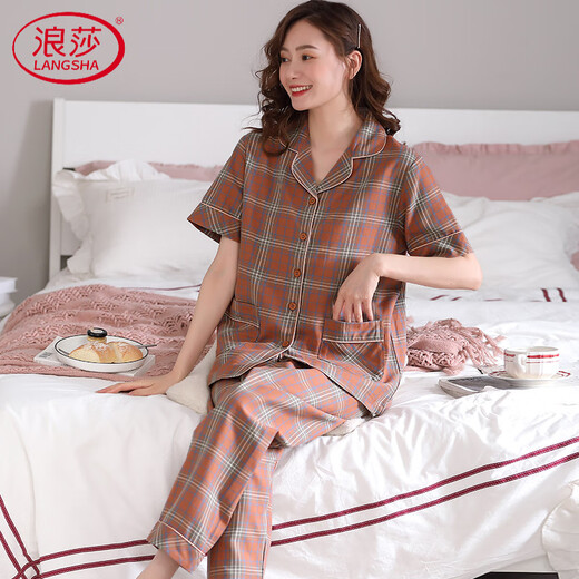 浪莎（LangSha）睡衣女士纯棉格子短袖长裤2025年新款棉中年妈妈夏天家居服 A9922 M 适合80-95斤