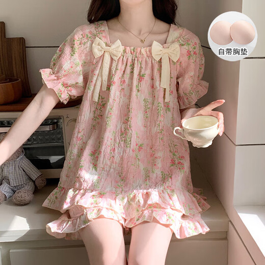 Pajama de algodón en la nube para mujeres en verano dulce estilo floral con almohadilla de pecho pantalones cortos de manga corta La ropa delgada del hogar se puede usar afuera 9902-3# 2XL