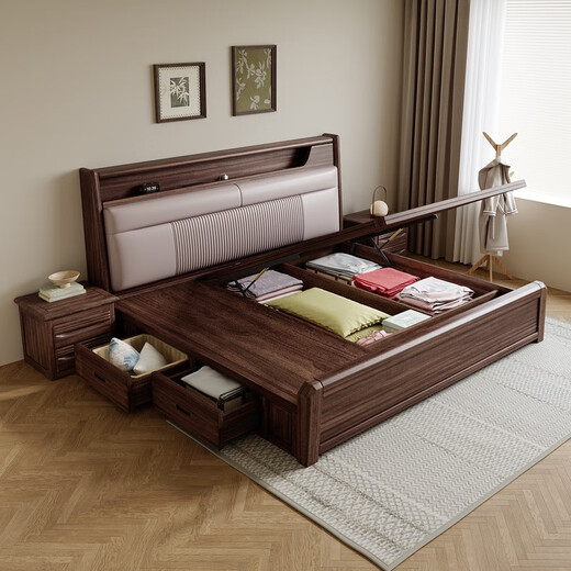 DeRUCCI HOME mousse walnut solid wood bed 1.8m double bed master bedroom 1.5 genuine leather soft package air pressure same style built-in bull socket bed 1500mm*1900mm frame structure