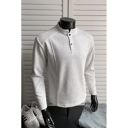 Sheman Lai Henry collar right shoulder long sleeve t-shirt for men spring and autumn splicing deconstructed casual polo shirt casual heavyweight sweatshirt for men white gray XL