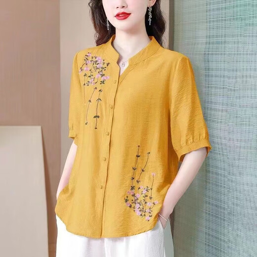 Jin Jiaoli Guangzhou Puning Shirt's Shirt's Summer Mid-Mleeve Cotton and Line Top pour les femmes 2025 Nouvelle broderie de style chinois Portez du rose à 694 m environ 108 Jin [Jin est égal à 0,5 kg]