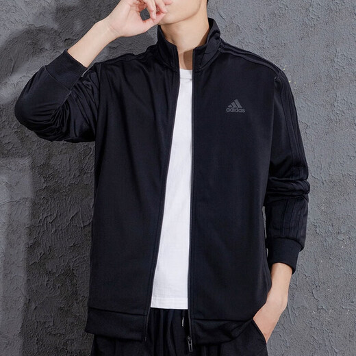 Adidas Männersportanzug Fitness lässig und modisch offene Kragenjacke lose Strickhosen H46101+GK9226/Schwarze Drei Streifen an der Seite der Jacke XL