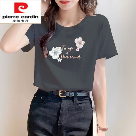 皮尔卡丹（pierre cardin）正肩纯i棉粉色t恤女士短袖宽松时尚百搭体恤夏季2025年新款上衣潮 6296黑色 短袖 M (建议80-105斤)