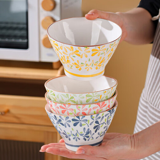 Four seasons prosperous bamboo hat bowl household ceramic eating underglaze color rice bowl set prosperous 4.5 inch bowl 1 piece green