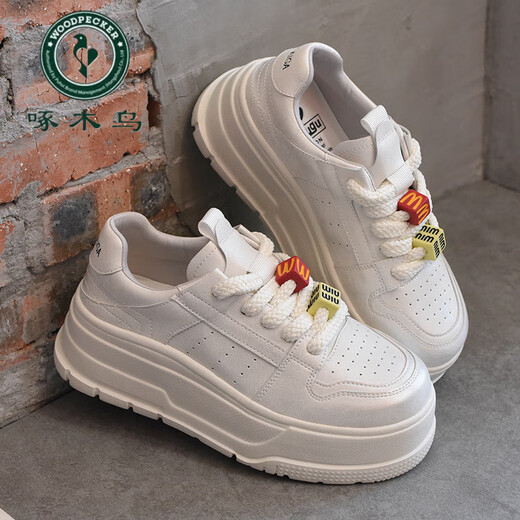 
Woodpecker super hot small height-enhancing thick-soled shoes for women 2025 new spring European goods various board shoes and sponge cake small white shoes silver polish T-3888 35