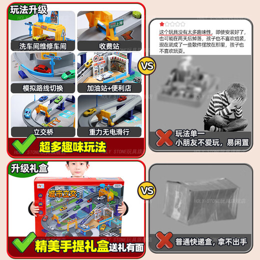 Holy STONE children's rail car toy boy 3-6 years old three-dimensional parking lot toy race car baby 1-3 years old birthday gift city interchange 4 cars + 1 plane + map gift box Christmas children's gift 2-3-4-5 years old baby gift 2025 fire toys