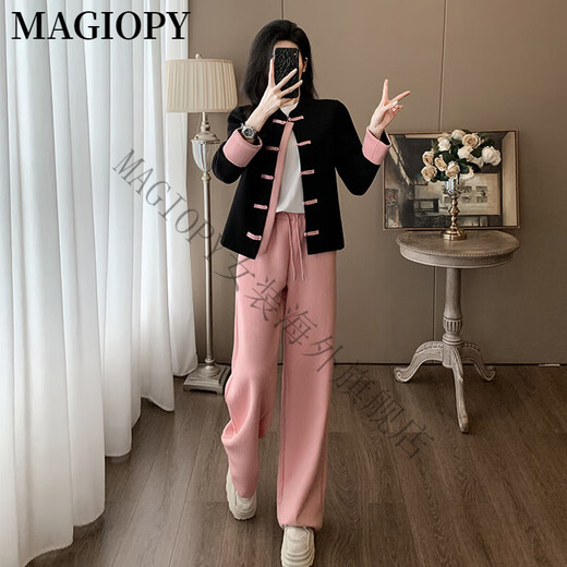Magiopy International Luxury High-End Brandneue chinesische Zen-Mode-Set Frauen 2025 Spring Breeze High-End-Jacke Top Pulver Schwarzes Top + Pink Hosen xxl (131-150jin [Jin gleich 0,5 kg])