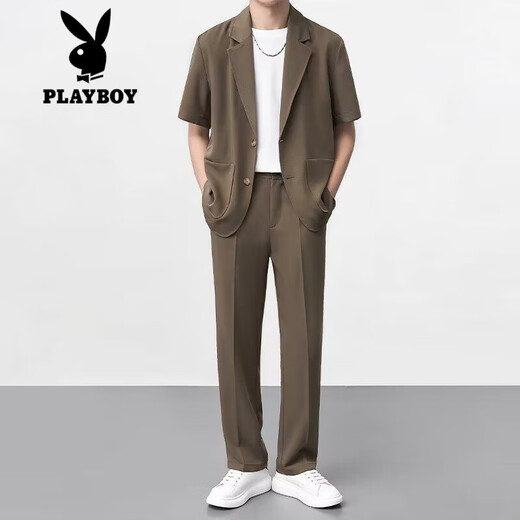 Playboy (PLAYBOY) ice silk drooping suit set for men's summer thin short-sleeved jacket light-climate casual suit single GM black W53 suit + black C58 trousers S