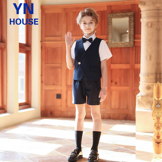Yinuofang Kinderanzug Sommer Marine Blue Blumenjungenanzug Junge Klavier Performance Gastgeber Blumenjungen Kleid Anzug