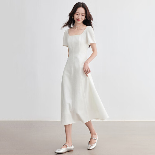 尚都比拉100%棉A字连衣裙女夏气质显瘦收腰吊带裙方领休闲中长裙