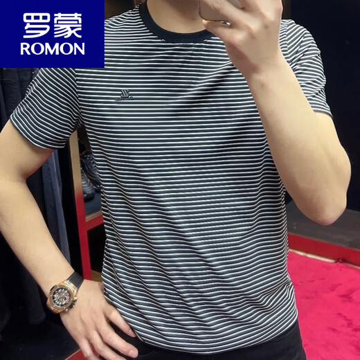 ROMON 2025 summer new product round neck striped short-sleeved men's T-shirt casual half-sleeved slim bottoming shirt sports t-shirt trend 9901 black M recommended 90-115Jin Jin equals 0.5 kg