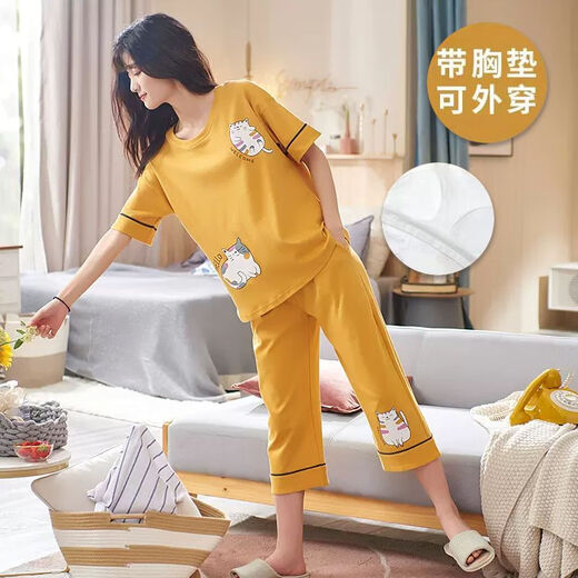Pajama de almohadilla para la almohadilla de fibra de limón para mujeres, algodón de algodón de verano pantalones cortados de manga corta, se pueden usar para ropa exterior, ropa para el hogar para mujeres de verano de algodón, almohadilla de cofre de siete puntos: 679 Barbie Bear M Women