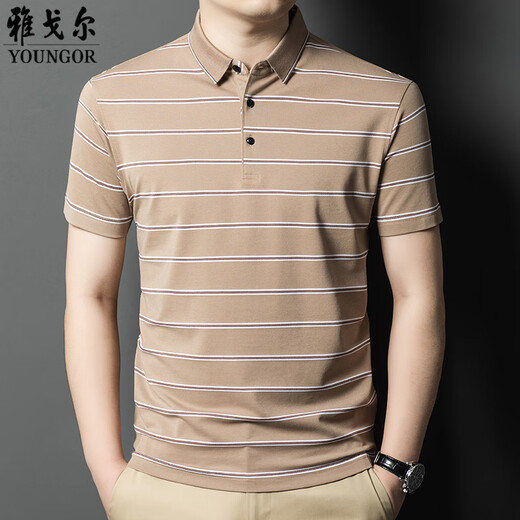 
CEO Yageol Mulberry Silk Short Sleeve T-shirt for Men 2025 Summer New Striped Lapel Middle-aged Daddy Outfit Polo Shirt for Men 826 Green M 165 [Suggested 100-125Jin [Jin equals 0.5 kg]]