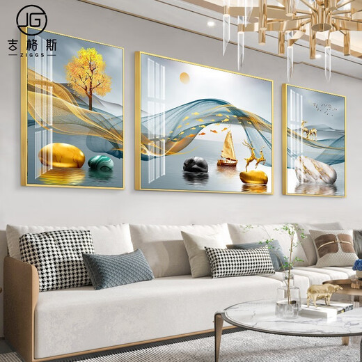 现代简约客厅装饰画沙发背景墙壁画大气轻奢三联画挂画镶钻晶瓷 HJ-3893-一帆风顺 两边70*90中间140*90华贵金框镶
