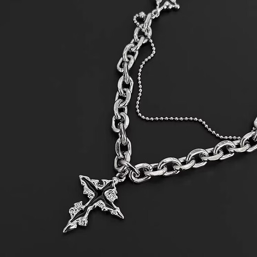 Half black gemstone silver necklace men's niche design hip-hop wrapped and stacked handsome versatile high street clavicle chain pendant black cross silver necklace 45CM