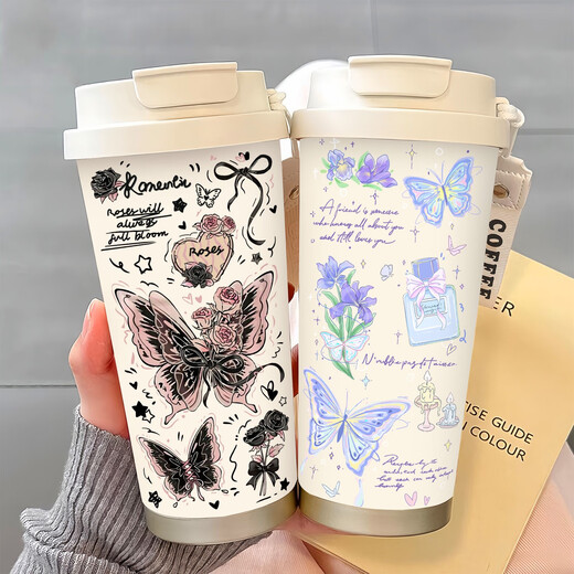 
Lok Lok Lok Simple Butterfly Thermal Cup Stainless Steel Portable Double Drinking Coffee Cup 2025 New Women's Straw Water Cup High-Precision BW1049 Dark Pink Butterfly A+ with Lanyard 316 Stainless Steel