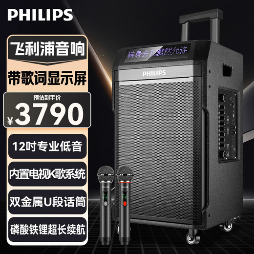 Philips outdoor stage high-power square dance audio mobile portable trolley commercial conference speaker wireless Bluetooth high-volume karaoke amplification with dual microphone SD190 karaoke system + horn tweeter