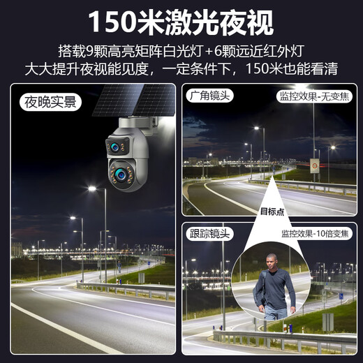 EAKUN太阳能AOV光学变焦摄像头免充值室外无网无电双监控器360度无死角全彩夜视全景手机远程户外摄像机