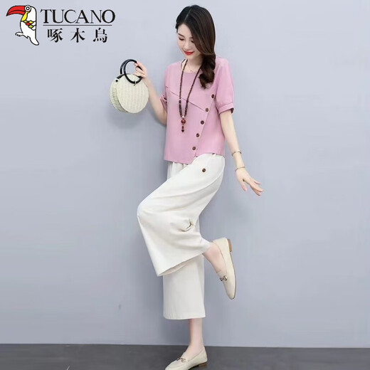 Woodpecker Fashion Cotton and Lines Set Women's Short Sleeve Fashion Spring Clothing New Temperament Slimming Loose Line Wide Legs Two-piece Set Trendy Light Pink Clothes + Apricot Pants Thin M [Suggest weight 95-105 Jin [Jin equals 0.5 kg]]