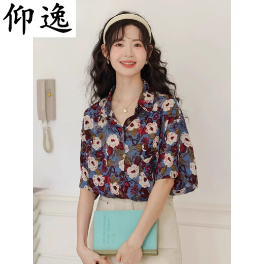 仰逸80年代复古港风服装法式印花短袖衬衫女显瘦宽松夏季感小众碎花上 1049黄花  S