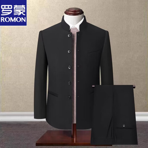 Luo Meng Spring and Autumn Chinese Style Chinese Stand Collar Suit Mao Suit Men's Middle-aged Slim Tang Suit Men's Middle-aged Dad's Suit Pure Navy Blue Style S 165A 110-126Jin Jin is equal to 0.5 kg