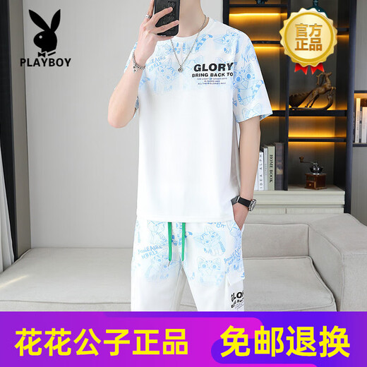 Playboy (Playboy) 2025 Sommer neuer kurzärmeliger Anzug Herrenjugend vielseitige Shorts Casual Sports zweiteiler Set-Gradientenfarbe Herrenkleidung 6187 Blau M.
