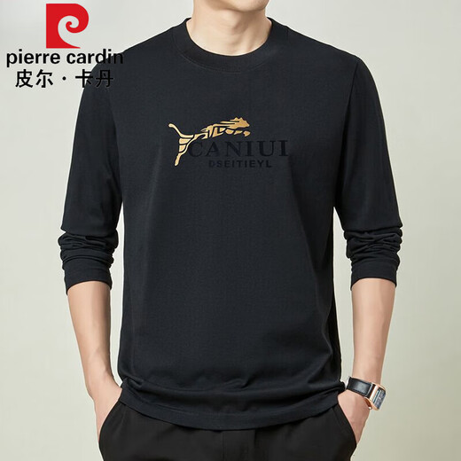 皮尔卡丹（pierre cardin）春秋季男士100%纯棉长袖t恤中年宽松圆领薄款休闲上衣打底T恤衫 【纯棉】子夜蓝JY-6630 XL 175141-155斤
