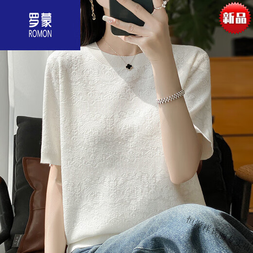 罗蒙（ROMON）时尚提花冰丝短袖t恤女夏季新款宽松遮肚子大码女装半袖针织上衣 粉色+女装十大品牌 S (建议80-95斤)