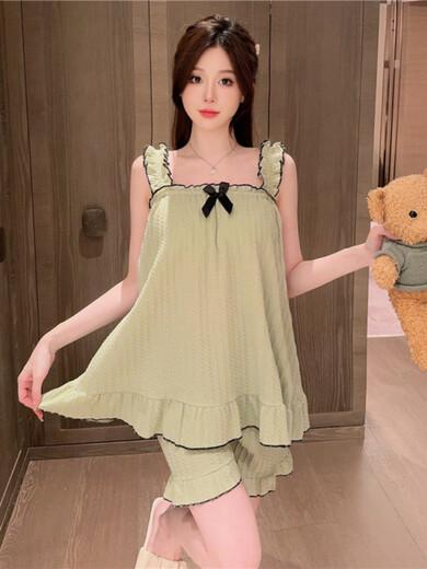 Poresno Fat Sister Pajamas 200 Jin [Jin equals 0.5 kg] Chest pad suspender shorts for women summer pure cotton large size sexy short-sleeved vest home Y-2629# green [yunduo cotton] chest pad removable XL code [recommended 120-140 Jin [Jin equals 0.5 kg]] All size