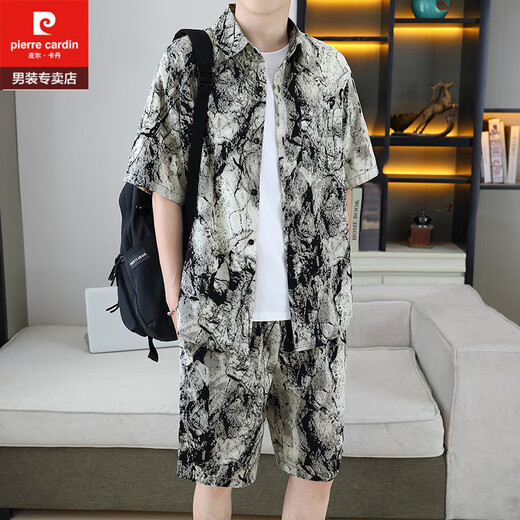 皮尔卡丹（pierre cardin）痞帅衬衣一套男夏季冰丝套装高级感花衬衫短袖短裤沙滩两件套搭配 679白色套装 L 110-125斤