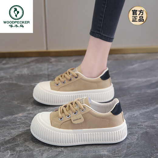 
Woodpecker canvas shoes for women 2025 new thick sole versatile soft sole biscuit board shoes summer sports and casual cloth shoes leather surface beige [5.0cm main picture] 35