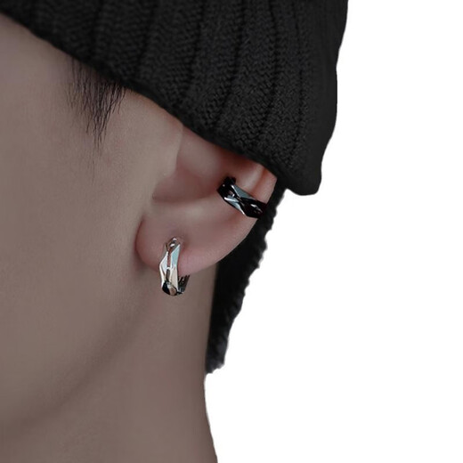 Miao Yijia men's ear clips without piercing boys' earrings black ear studs trendy niche handsome high-end silver earrings accessories double layer three-dimensional ear clips 1 silver 1 black one pair