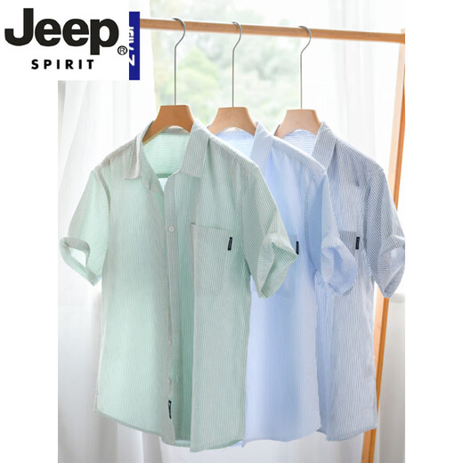 
JEEP SPIRIT high-end men's pure cotton short-sleeved shirt Japanese casual summer thin striped shirt new trendy splicing top 9740 black 3XL
