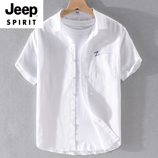 JEEP SPIRIT men's cotton linen lapel short-sleeved T-shirt loose shirt collar tops with neckline T-shirt linen summer clothes yunyi-9711 blue dark color. M