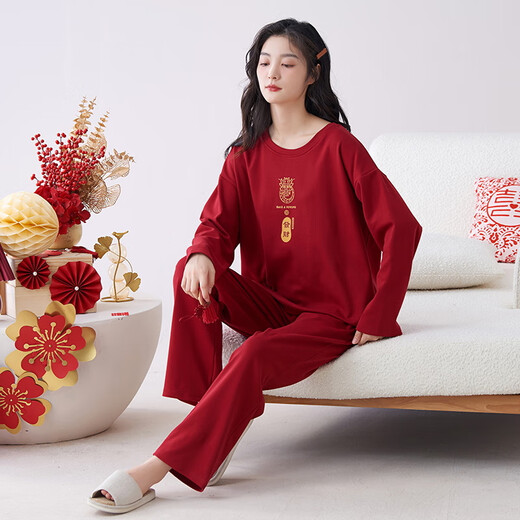 Palando Women's Pajama Set Wedding Festive Home Suit 2025 Spring and Summer Pure Cotton Red Native Year Round Can Wear Outer Pajamas Pa-QM 9227 Women XL Pa-(Female)